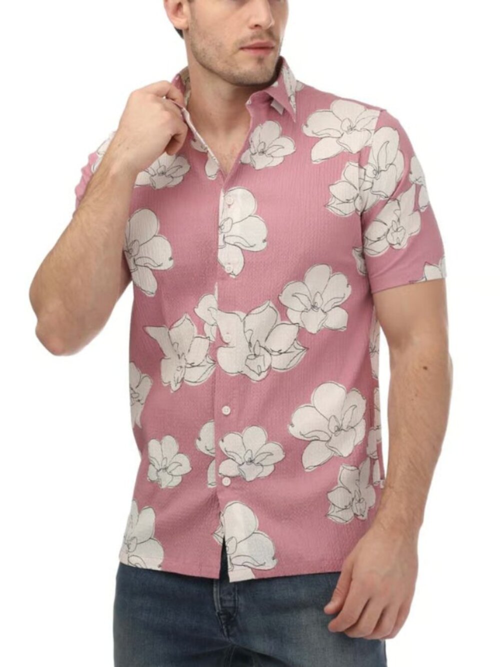 Ted Baker Coving Seersucker Floral Button Up Shirt Men's S 2 Pink Short Sleeve